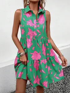 Floral Print Ruffle Hem Smock Dress