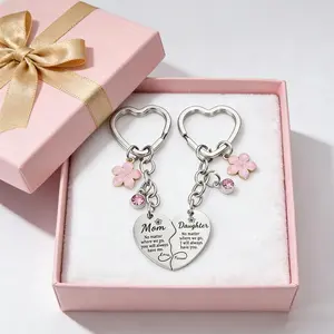 Mother Daughter Keyring Set, 2 Pcs Heart-Shaped Matching Keychains with Pink Charm, Great Gift for Moms, Christmas, Birthdays, or Special Occasions