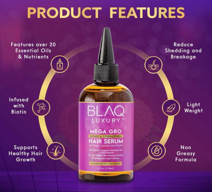 Blaq Luxury Hair Repair & Strengthening Serum With Biotin, Lychee & Sage, Essential Oils for Treating Split Ends and Dry Scalp, Non-Greasy Formula, 4oz