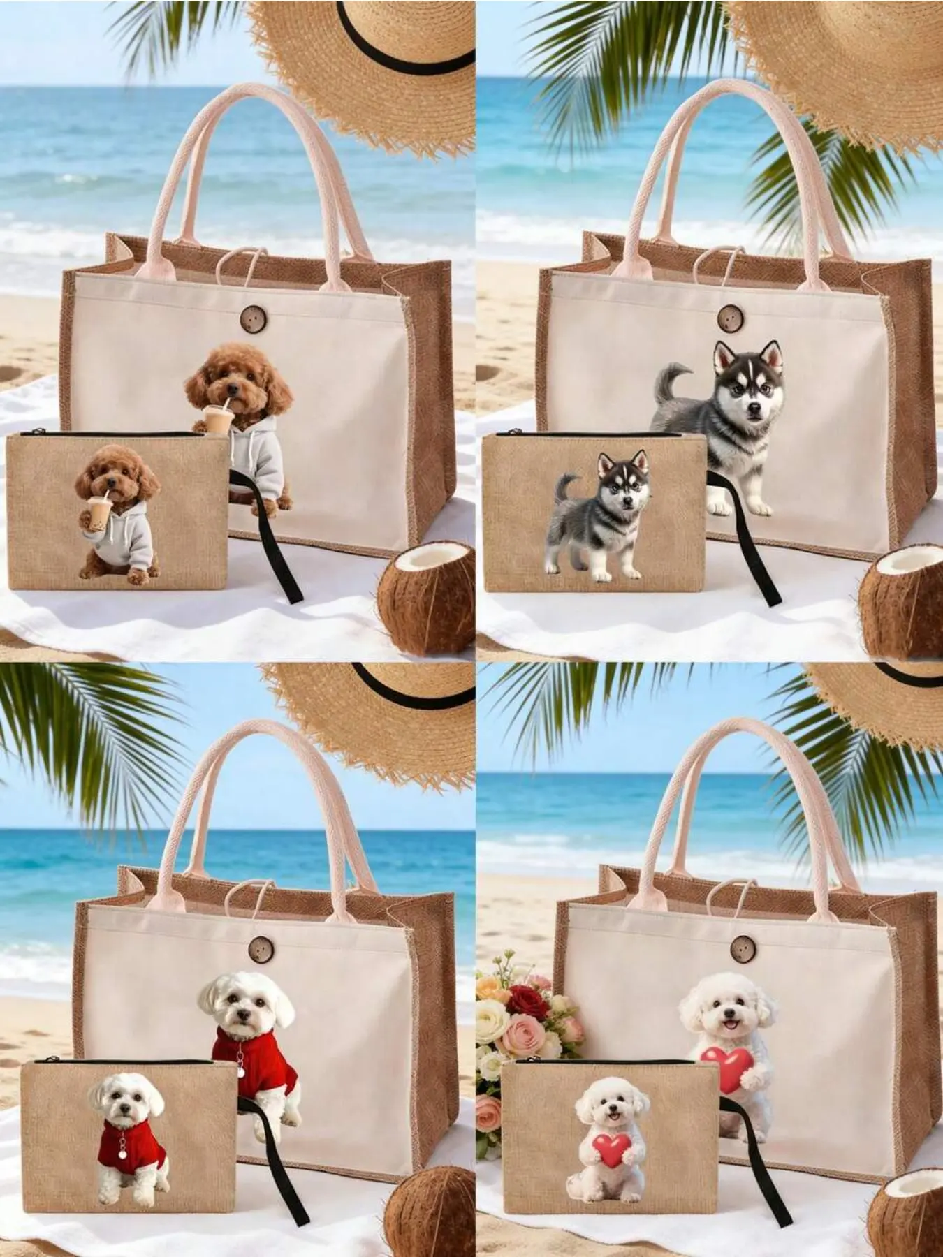 Cute cartoon Teddy Poodle printed women's linen handbag+makeup bag, linen color matching handbag and makeup bag set