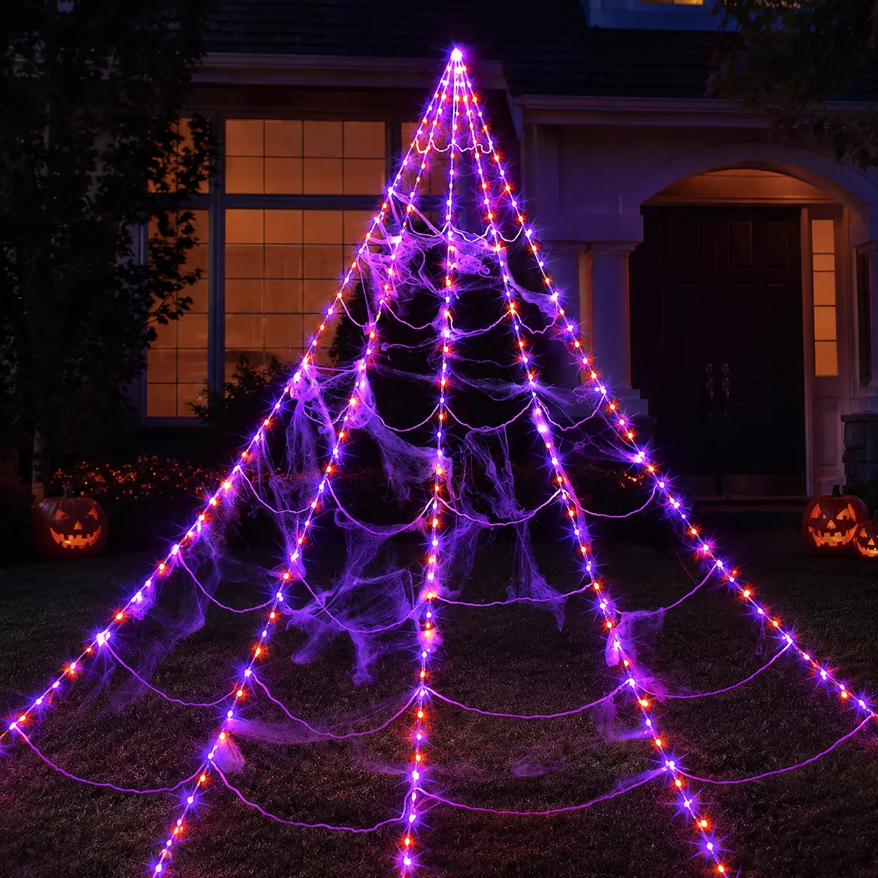 Outdoor Giant Halloween Spider Web LED Light, 8 Flash Modes with Remote, Waterproof Battery Box, 250 Leds, Home Garden Party Decor, Festive Decoration