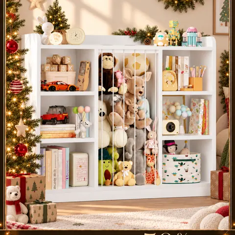 【Black Friday】ONBRILL Toddler Stuffed Animal Zoo, Toy Storage Organizer for Playroom, Plush Toy Organizers and Storage, Book Shelf for Kids Rooms, Elastic Band Child Bookcase, Toy Shelf with 8 Storage Cubbies