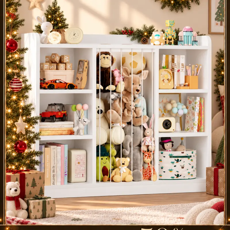【Black Friday】ONBRILL Toddler Stuffed Animal Zoo, Toy Storage Organizer for Playroom, Plush Toy Organizers and Storage, Book Shelf for Kids Rooms, Elastic Band Child Bookcase, Toy Shelf with 8 Storage Cubbies
