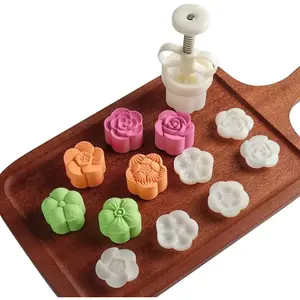 Moon Cake Mold Chinese Mid-autumn Festival Cookie Stamp Set, Thickness Adjustable 50g 6 Stamps Mooncake Shortbread Press DIY Decoration Hand Cutter Cake Polvoron Mold