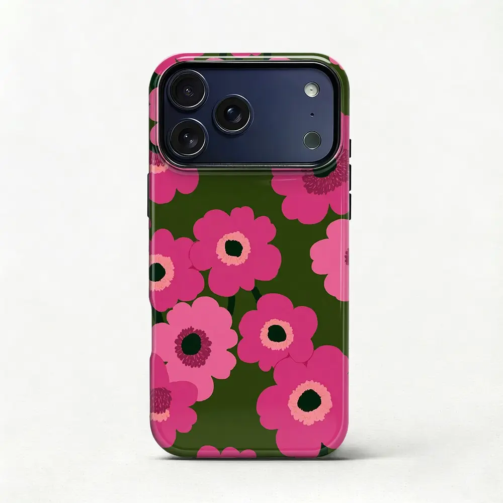 Phone Case: Bohemian Dark Green Vibrant Flower Floral Pattern Aesthetic Phone Case, Vivid Side Print, Dual-Layer Hard PC + Soft TPU, Drop Protection, Non-Yellowing, for iPhone 17 16 15 14 13 12 11 Pro Max Plus Air & Samsung.
