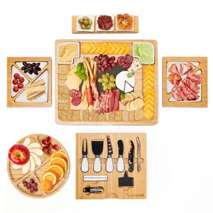 Charcuterie Bamboo Cheese Board with Cutlery Set & Drawer for Deli Food. Presentation Bamboo Ceramic Fruit Portable Tableware End Grain Variation Cover