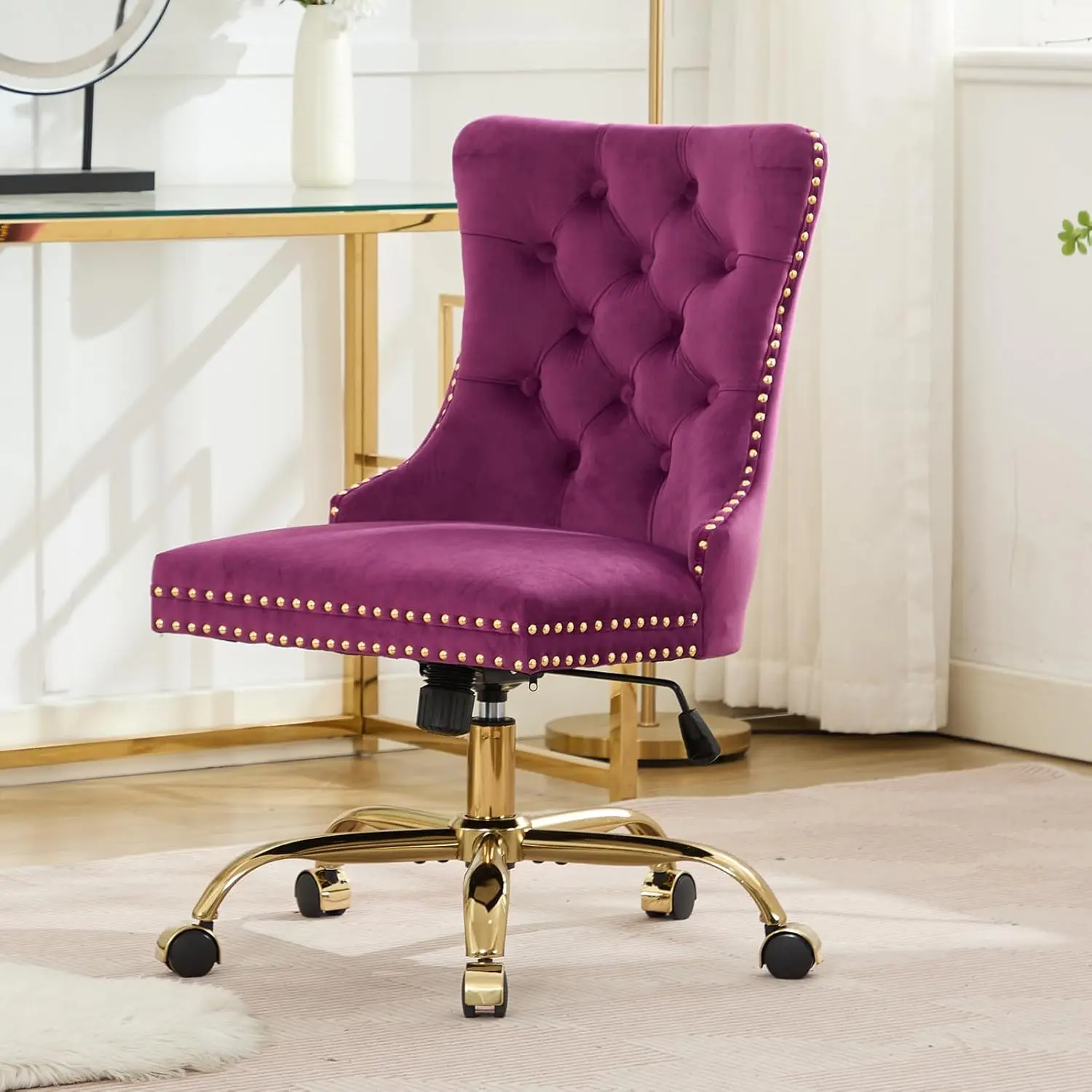 Velvet Home Office Chair with Wheels & Gold Base, Cute Makeup Vanity Chair with Tufted Back for Bedroom, Upholstered Adjustable Swivel Comfy Desk Chair for Girls Women