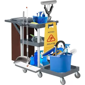 Commercial Janitorial Cleaning Cart with Wheels, 3-Shelf Housekeeping Cart with Cover & Oxford Bag, Heavy-Duty Janitor Cart for School, Hotel, Apartment, Gray