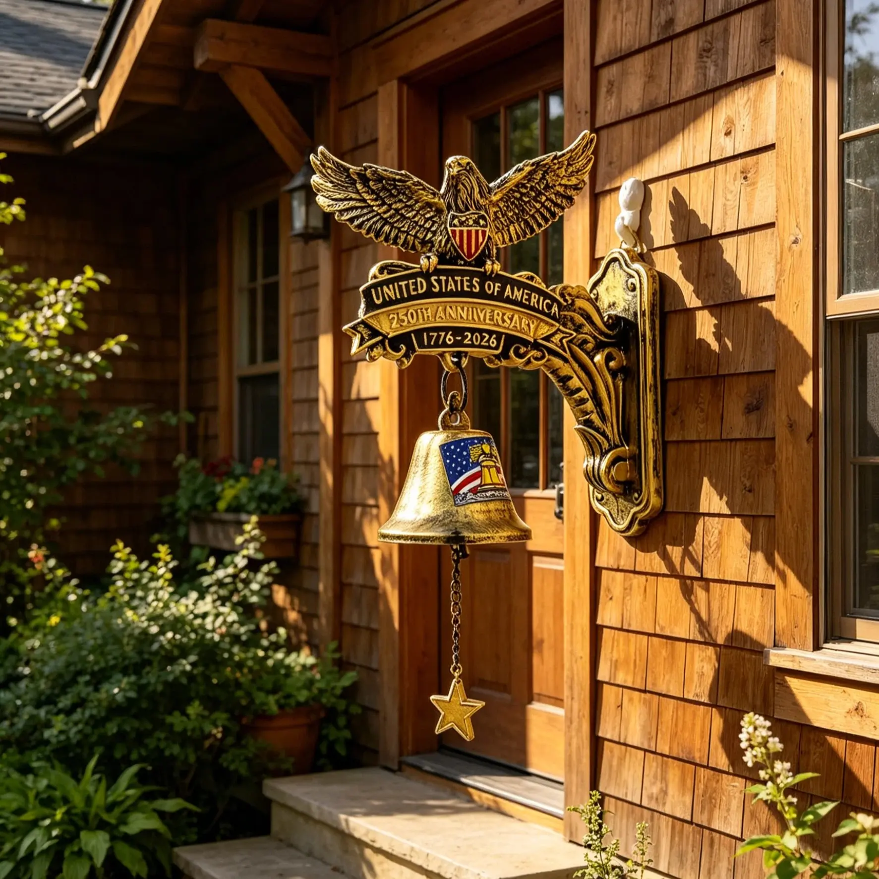 American 250th Anniversary Bald Eagle Hanging Wall Bell, Vintage Brass Resin Craft, Perfect for Entryway Living Room Home Wall Decoration, Father's Day Gift