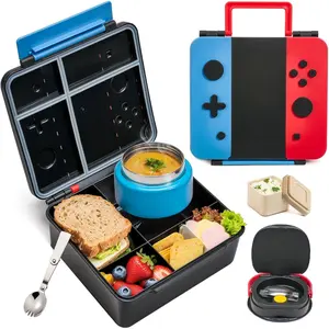 Bento Box for , Lunch Box with Thermo(9oz  Jar), Folding Spoon, Removable Divider & Sauce Cup, Lunch Box  for School,Travel,  & Realistic Shape(Blue-Red)