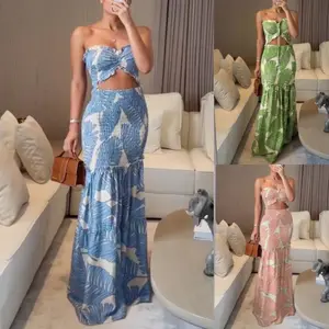 Women'sTropicalPrintDrawstringRuchedShirredFrillTrimBandeauVacationDressCinchedWaistSlimFitRuffleHemMermaidDress