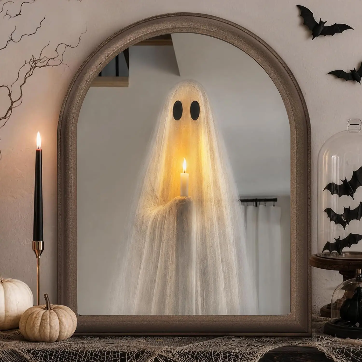 ORIENTAL CHERRY Halloween Decor - 11" x 13.8" Light Up Ghost Mirror | Spooky Halloween Decorations Indoor, Wall Table Mantel Display, Home Party Decor