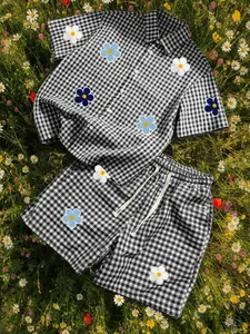 Unisex design, Matching, casual street style, summer checkered short-sleeved collar shirt + adjustable waist shorts set, Menswear, Mini flower embroidery design, loose fit, breathable and comfortable, Perfect for streetwear, Outfit