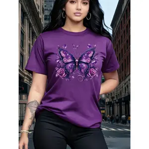 100% Cotton, Beautiful and Elegant Purple Butterfly and Flower Pattern Short Sleeve Casual Round Neck T-Shirt, Spring and Summer Women's Clothing, Lightweight and Soft Fabric, Birthday Gift, Women's Clothing Gift, Holiday Gift, Friend Gift,