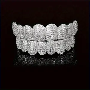 2pcs Set of DIY Top and Bottom Full Cubic Zirconia Teeth Grillz - Durable Plated, Titanium Plated, Natural Zirconia Mosaic, Dustproof Case, Hip Hop Halloween Jewelry Men Jewelry Rapper Jewelry Oral