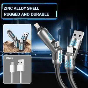 PowerAllZinc Alloy Shell 240W 4-in-1 USB-C Cable PD 5A Fast Charging Data Sync USB-A Type-C Lightning Compatible with iPhone 16/15 iPad Samsung Laptops Alloy Smartphone Cellphone Electronic Charger - Android