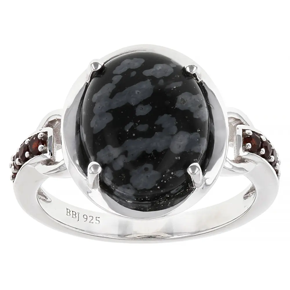 JTV Gemstone Ring, Black Snowflake Obsidian with 12x10mm Oval Shape Red Garnet, Rhodium-Plated Over Sterling Silver, 0.10ctw Natural Crystal Ring