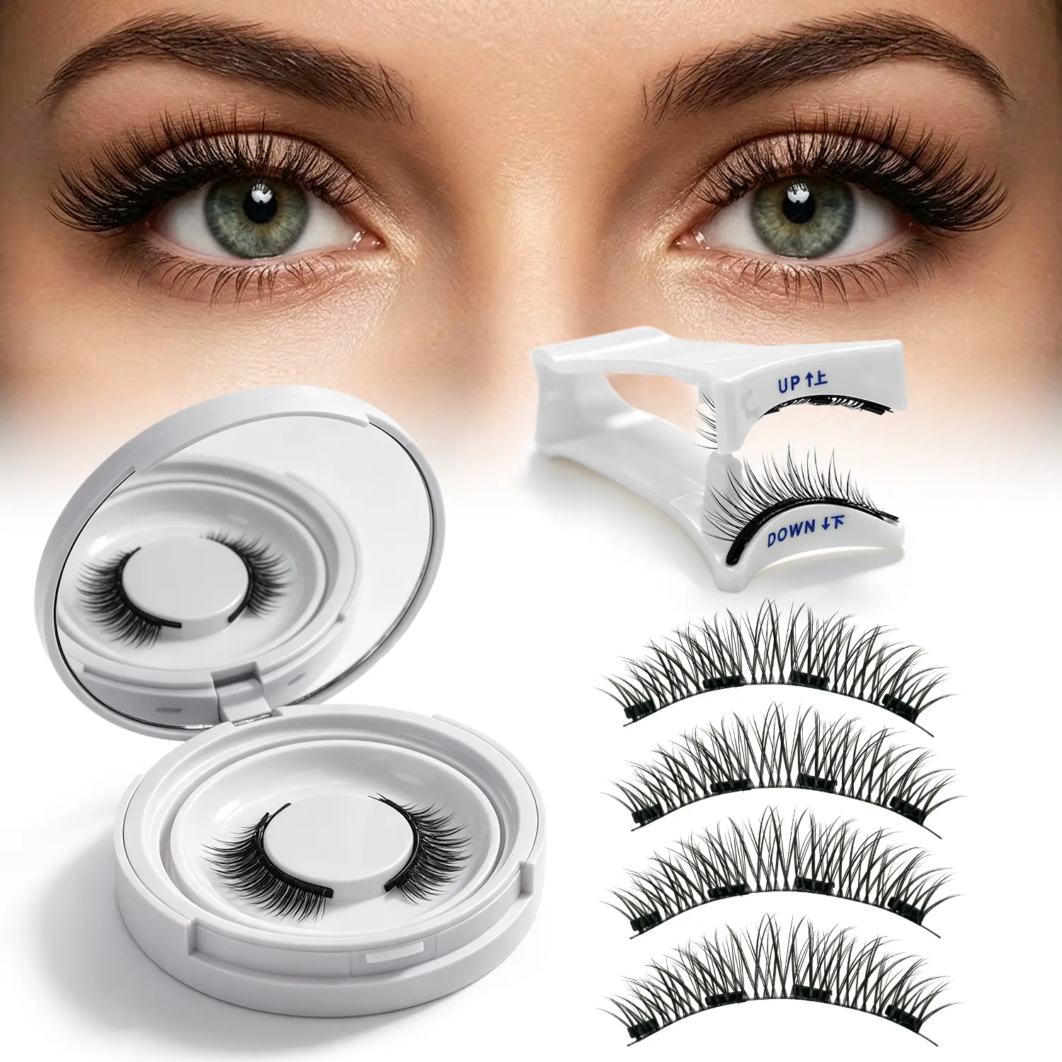 1 Pair Magnetic Eyelashes Kit, No‑Glue Strong Magnet False Lashes, Natural Dense Wispy Curly Reusable Lashes with Applicator, Easy‑to‑Apply, No Damage to Your Natural Eyelashes