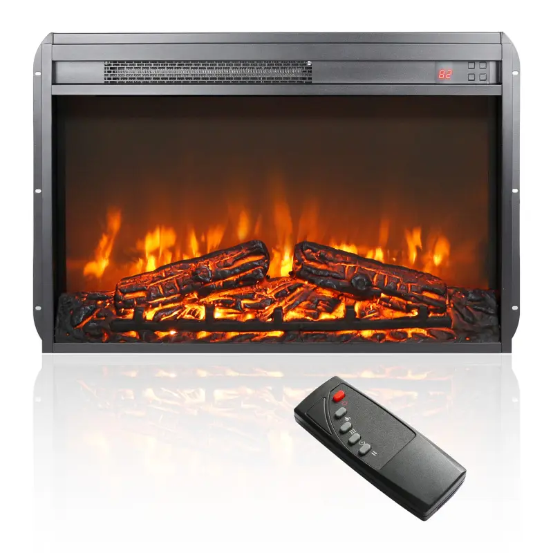 26-Inch Electric Fireplace Insert for TV Stand, Ultra-Thin Plastic Heat Safe Heater, Log Set, Realistic Flame, Tempered Glass, LED Light Source, Remote Control with 1-8 Hours Timer, Overheating Protection