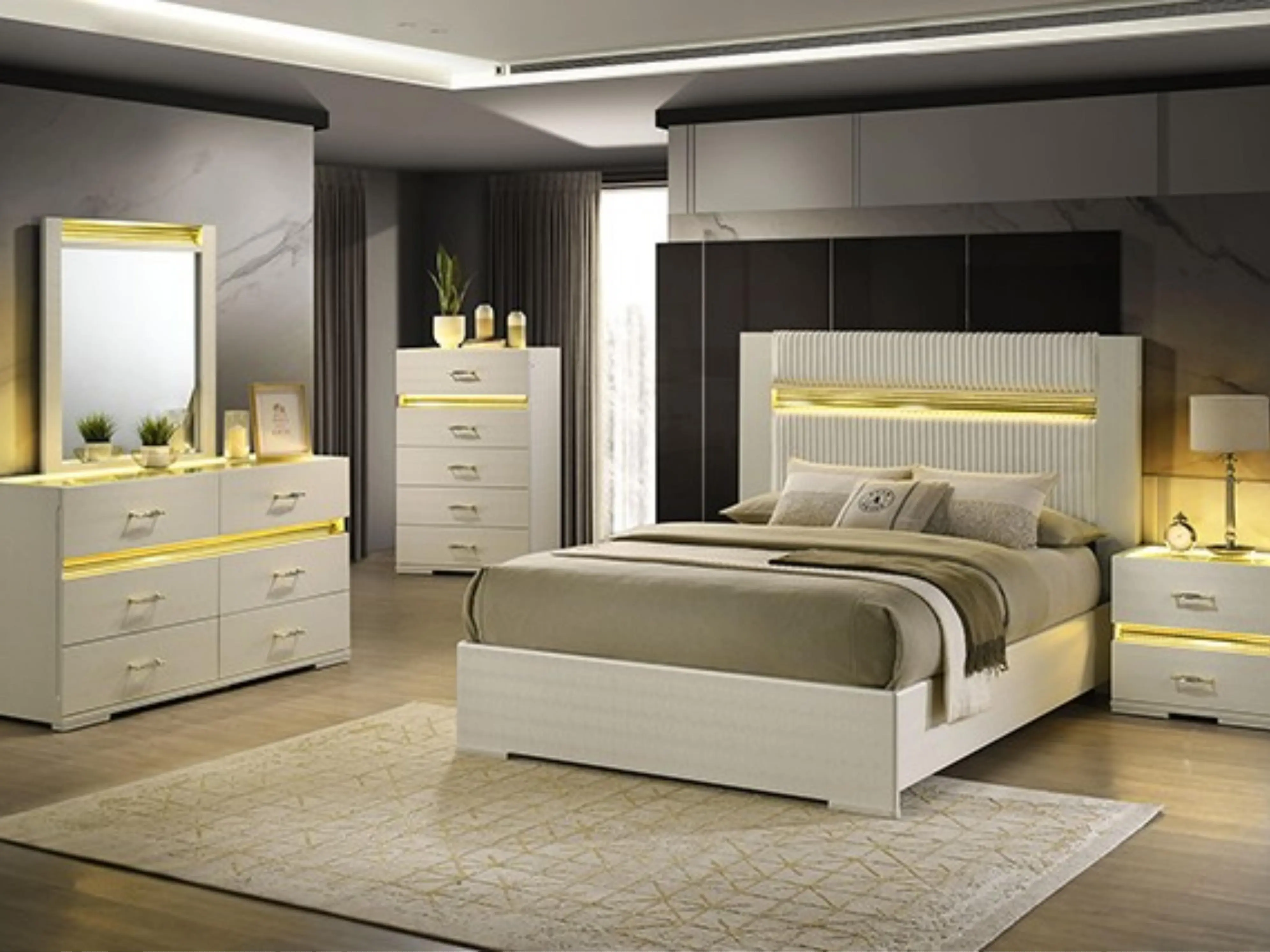 FM72015BG-4PC 4 pc set Lucida beige finish wood padded faux fur headboard queen bedroom set LED lighted accents