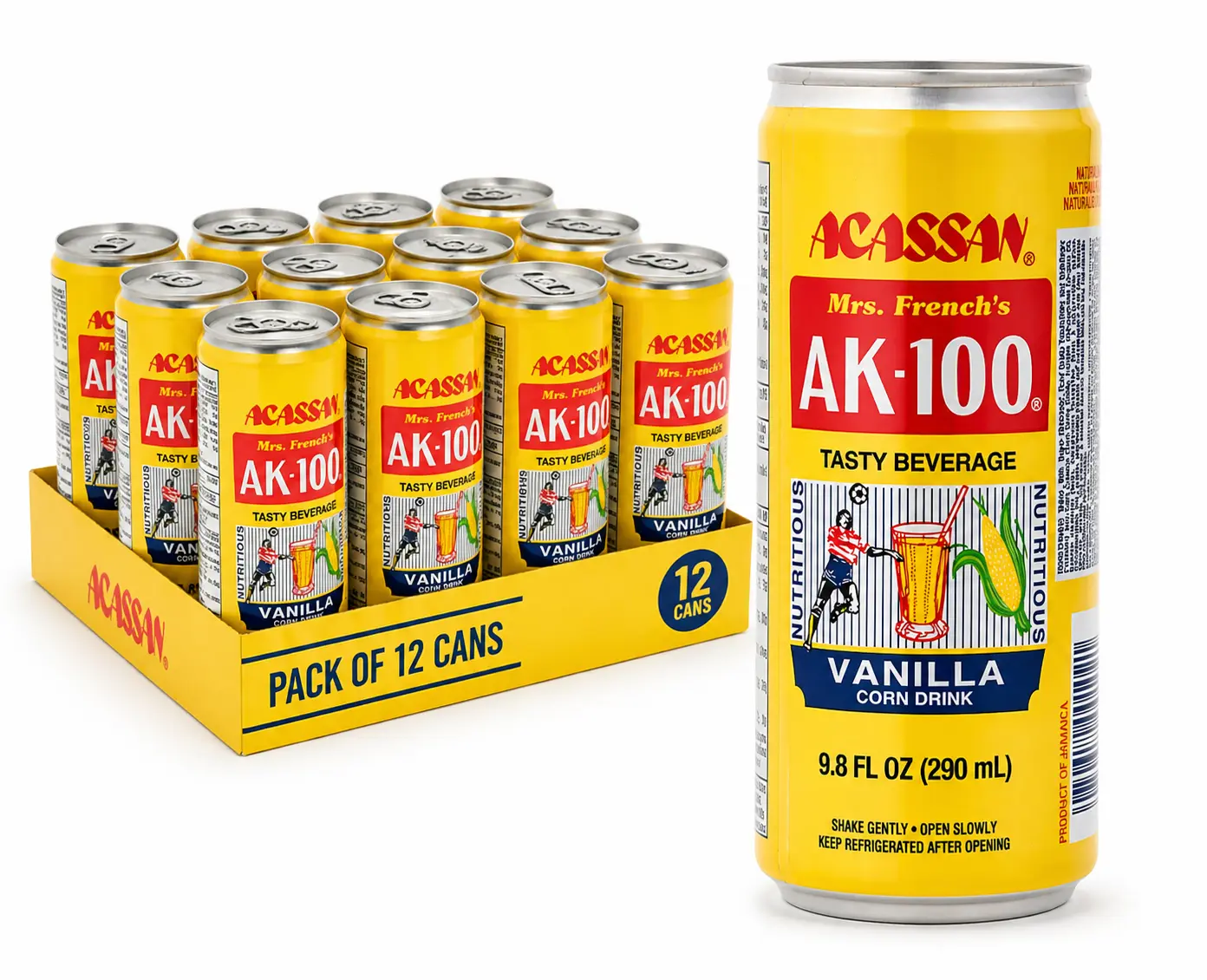 Mrs. French's AK-100 Vanilla Corn Drink - Sweet Creamy Caribbean Beverage 9.8 fl oz Pack of 3 and pack of 12 Ready-to-Drink Refreshing Taste