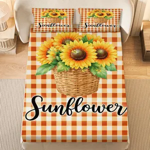 3Pcs Sunflower Basket Gingham Fitted Sheet Three Piece Set (1*Fitted Sheet+2*Pillowcases, Coreless), Fall theme, Floral Bedding Set, Mattress protector Soft, Breathable