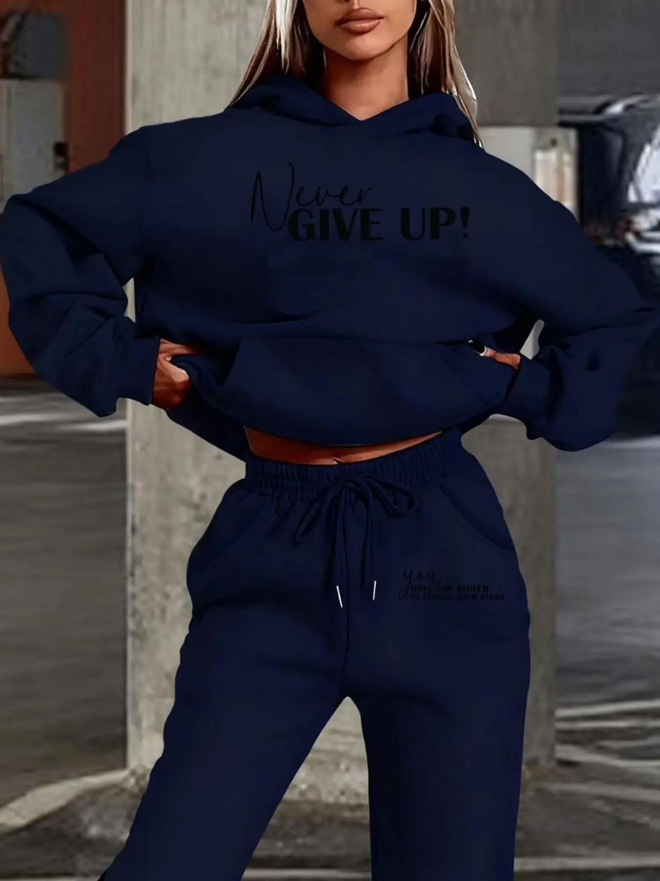 Women's Hooded Sweatshirt Set, Fall Winter Warm, Motivational Text Print, Street Casual Style, Fitted Design, Jogger Pants Included