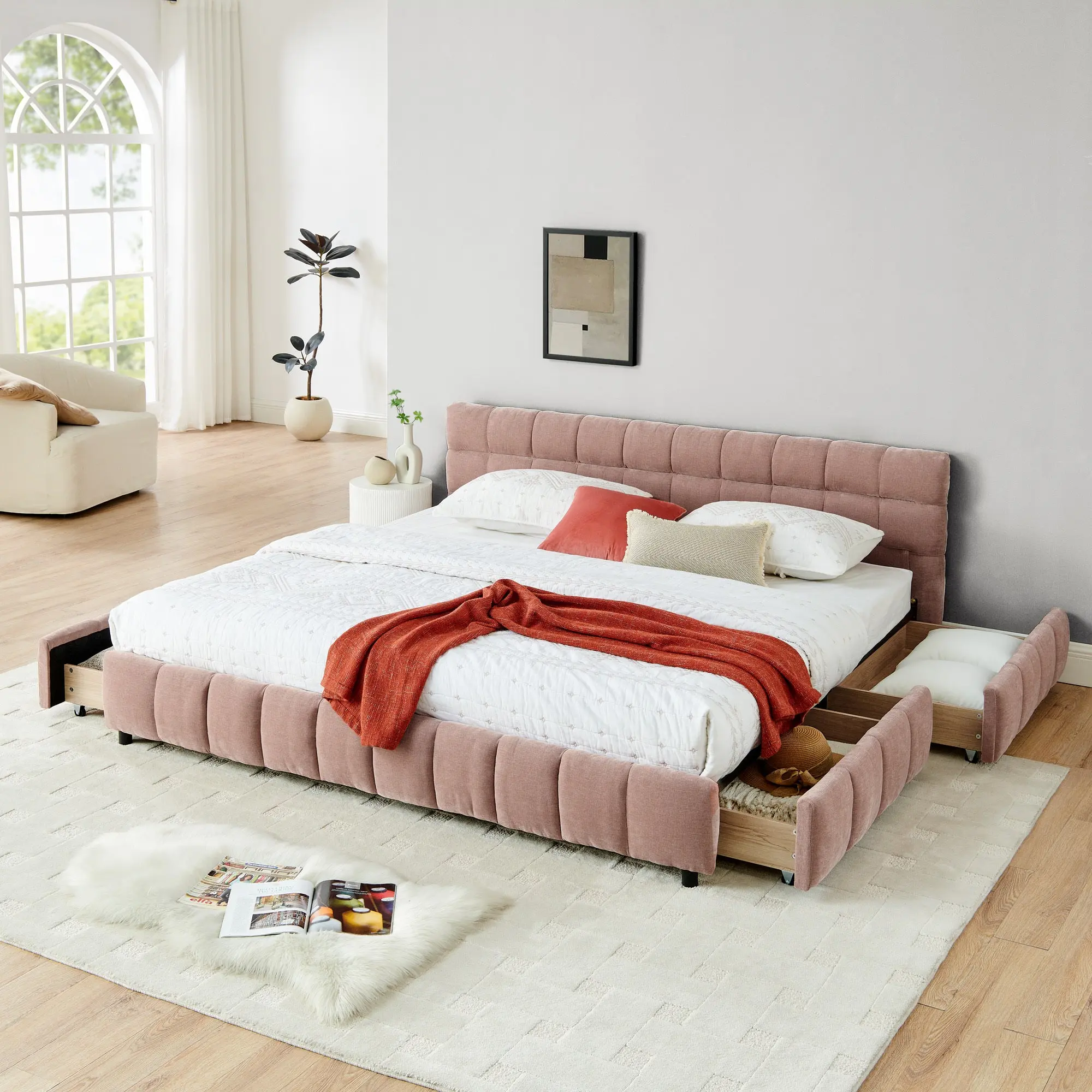 Chenille Fabric King Storage Bed Frame - Contemporary Blush Pink Upholstered, Modern Soft Headboard, Space-Saving Built-In Drawers, Bedroom Furniture, Requires Setup, Assembly Required