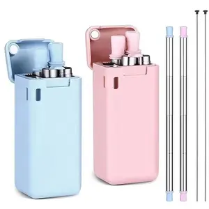 New Foldable Straw Reusable Stainless Steel Silicone, Expandable Collapsible Daily Use, Eco-Friendly Drinking Accessory Silicone Straws
