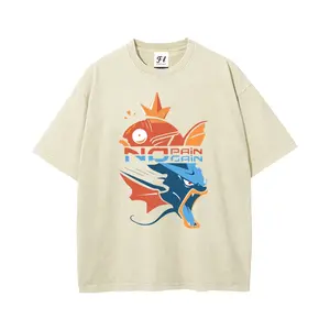 Menswear Pocket Monsters Magikarp Gyarados Evolution "No Pain No Gain" Graphic Washed Cotton Fabric T-Shirt - Retro, Short-Sleeve, Vintage Distressed, Oversized Loose Fit, Unisex Anime Streetwear Tee
