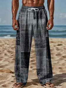 Men's Boho Vintage Elastic Waist Long Pants, Comfortable Loose Fit Homewear, Beach Vacation Casual Trousers, All Seasons