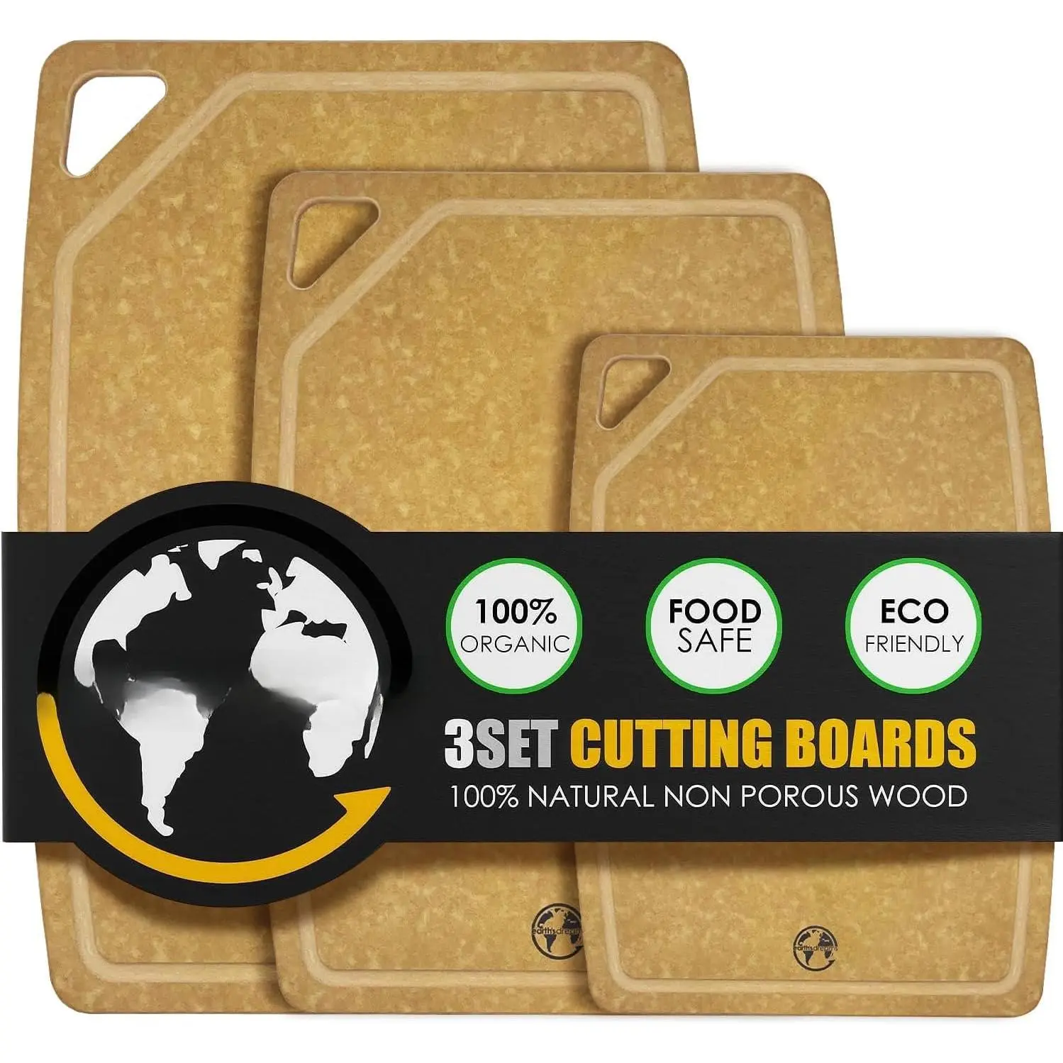 Composite   Board Set of 3 - Dishwasher Safe,  & Plastic-Free  Boards for Kitchen - Large, Medium & Small Non-Slip  Charcuterie & Chopping Boards (Tan/Juice)