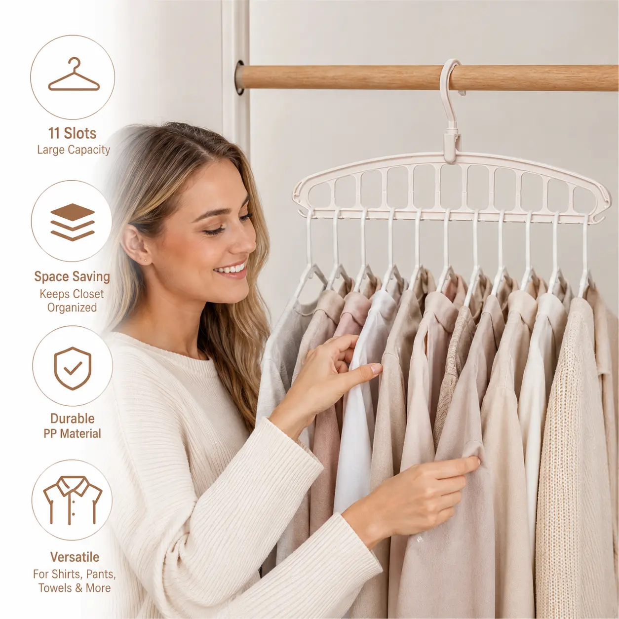 1 Count, White 11-Hole PP Clothes Hanger, Space Saving Design for Wardrobe Organizing Shirts, Thick Garments and Daily Clothing