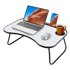 Portable Laptop Lapdesk - Gray and White Matte Metal-Wood Construction, Foldable Design with Cup Holder