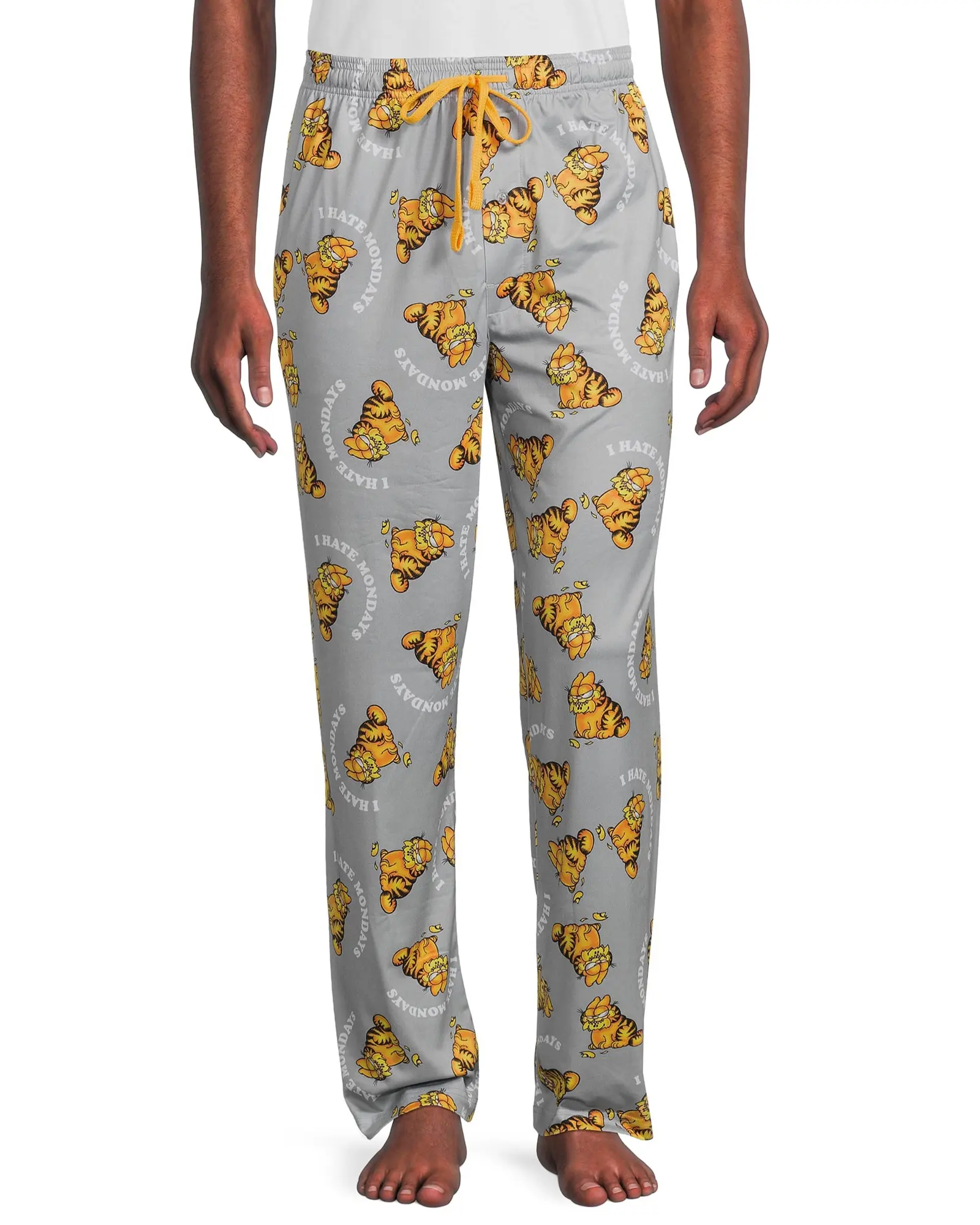 Men's Garfield Pajama Pants, "I Hate Mondays" Graphic Print, Soft Stretch Polyester Lounge Bottoms with Pockets & Drawstring, Fabric, Menswear, Elastic, Loungewear, Casual