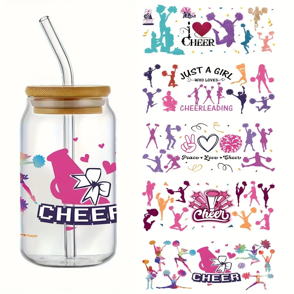 5pcs Squad Teammate - Waterproof & Scratch-Resistant DIY DTF Cup Wraps with Cheerleading Designs, Permanent for Tumblers, Water Bottles (16oz, 4.3×9.4 inches) - Gifts for Cheerleaders
