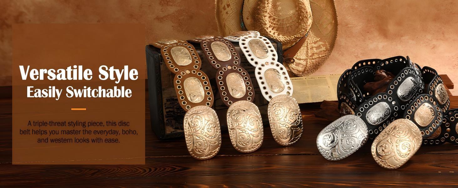 SUOSDEY Belts for Women, Wide Western Concho Belt in PU Leather, Cowgirl Style for Jeans Dresses, Adjustable Plus Size