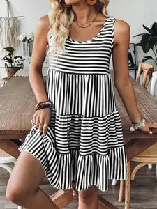 Striped Sleeveless Dress Casual Sundress Layered Cake Skirt Women Summer Loose Slim Fit Midi Dress, Stylish Comfortable Fashion Wear Casual Dresses
