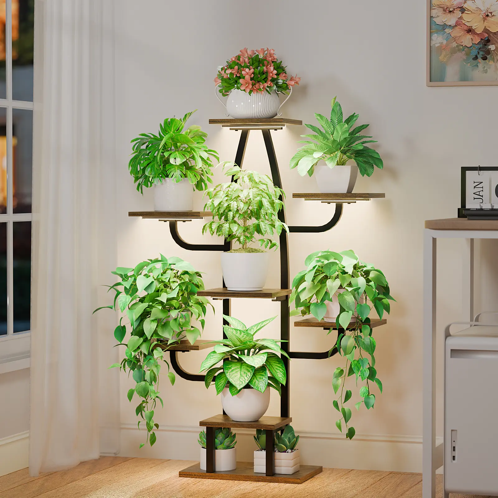 POZILAN Plant Stand Indoor with Grow Light - 8 Tiered Indoor Plant Shelf, 43" Corner Plant Stands for Indoor Plants Multiple, Metal Plant Shelves Indoor, Cactus Plant Holder for Living Room Adjustable Decorative Home
