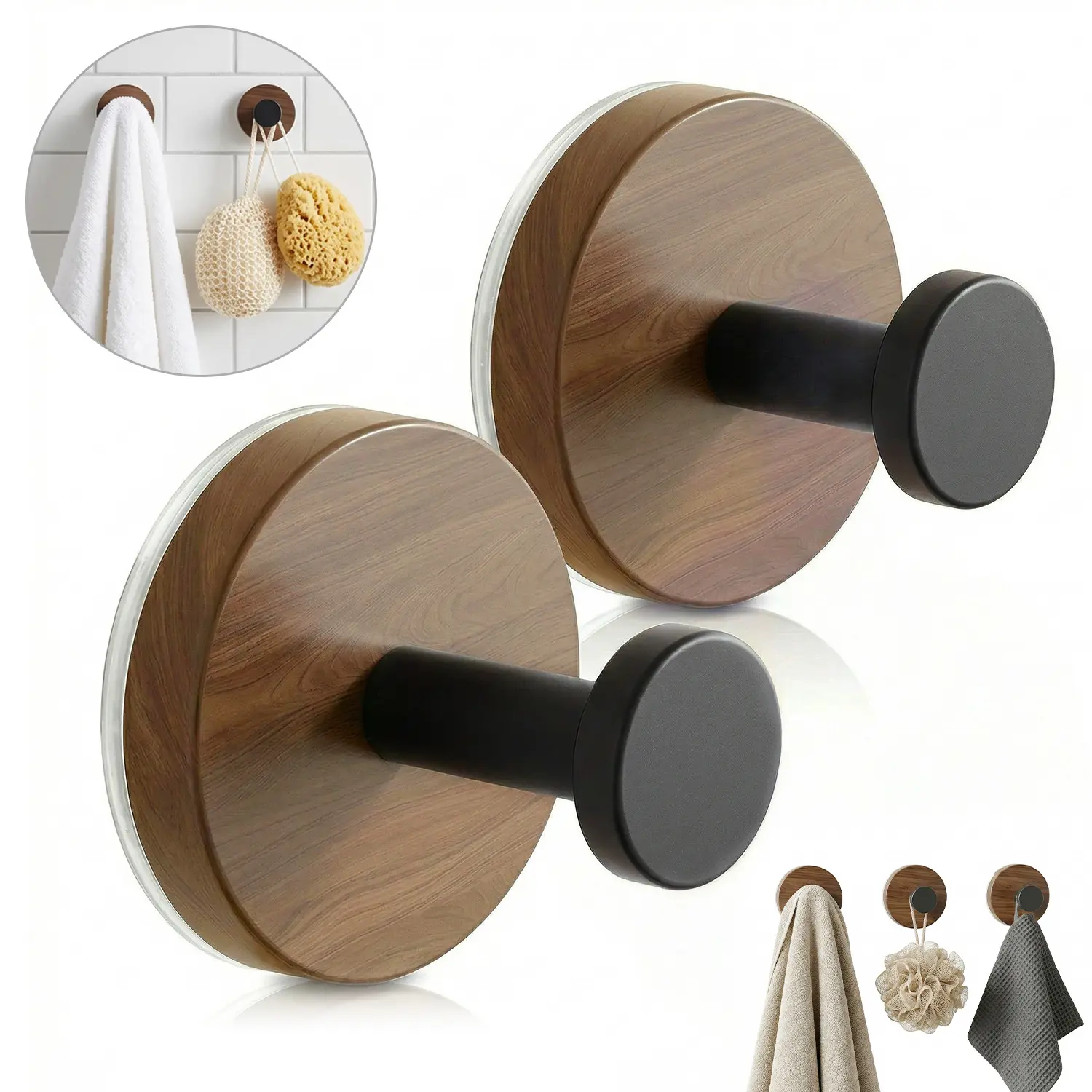 2 PCS Suction Cup Wooden Hook,Farmhouse Decorative Dark Walnut Towel Hooks,Heavy Duty,Waterproof & Rustproof,Removable Without Drilling,Wall Hook,Towel Hook, Shower Hook,for Bathroom,Kitchen,Towel,Coat