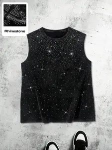Men's Shiny Cross Rhinestone Vest, Vintage American Street Style, Unisex Short Sleeve T-Shirt, Loose Fit, Summer Casual Fashion