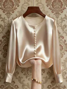 A women's casual fashion apricot round-neck long-sleeved pearl-buttoned commuter Womenswear Blouse top, suitable for all seasons, ideal for home, indoor, and outdoor wear