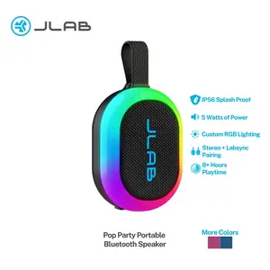 JLab Pop Party Ultra-Portable Bluetooth Speaker 5W Driver 8+ Hours Playtime RGB Lighting IPX5 Splashproof Audio & USB-C Charging with Detachable Loop Handle