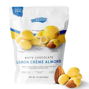 Snackathon Lemon Creme White Chocolate Covered Almonds, Resealable Bag, Whole Roasted Almonds Coated in Lemon Cream and White Chocolate, Crunchy Citrus Nut Snack, Made in USA