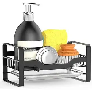 Sink Caddy, Kitchen Sink Organizer, Sponge Soap Holder for Countertop, 304 Stainless Steel Dish Scrubber Holder with Removable Drain Pan for Sponge, Scrubber, Soap, Dish Brush-Black Rack
