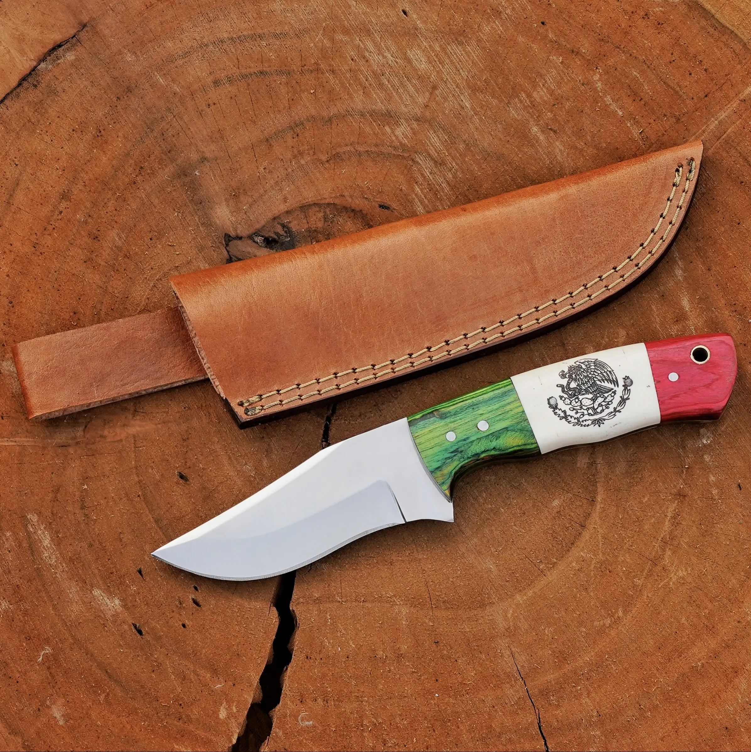 Mexican Flag Handle Skinner Knife – Handmade Fixed Blade Hunting Knife with Leather Sheath
