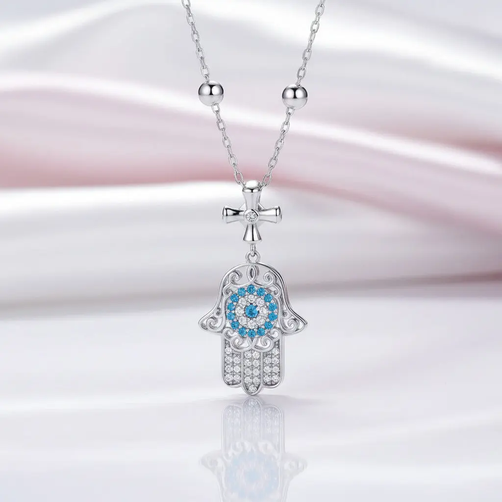 Round Diamond Option Hamsa Pendant Necklace with Cross