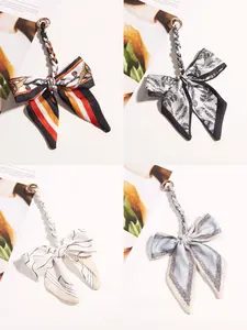 Elegant Long Silk Scarf Bow Pendant, Geometric Pattern, All-Season Sweet Style, High-Quality Chain Accessory, Perfect for Bags