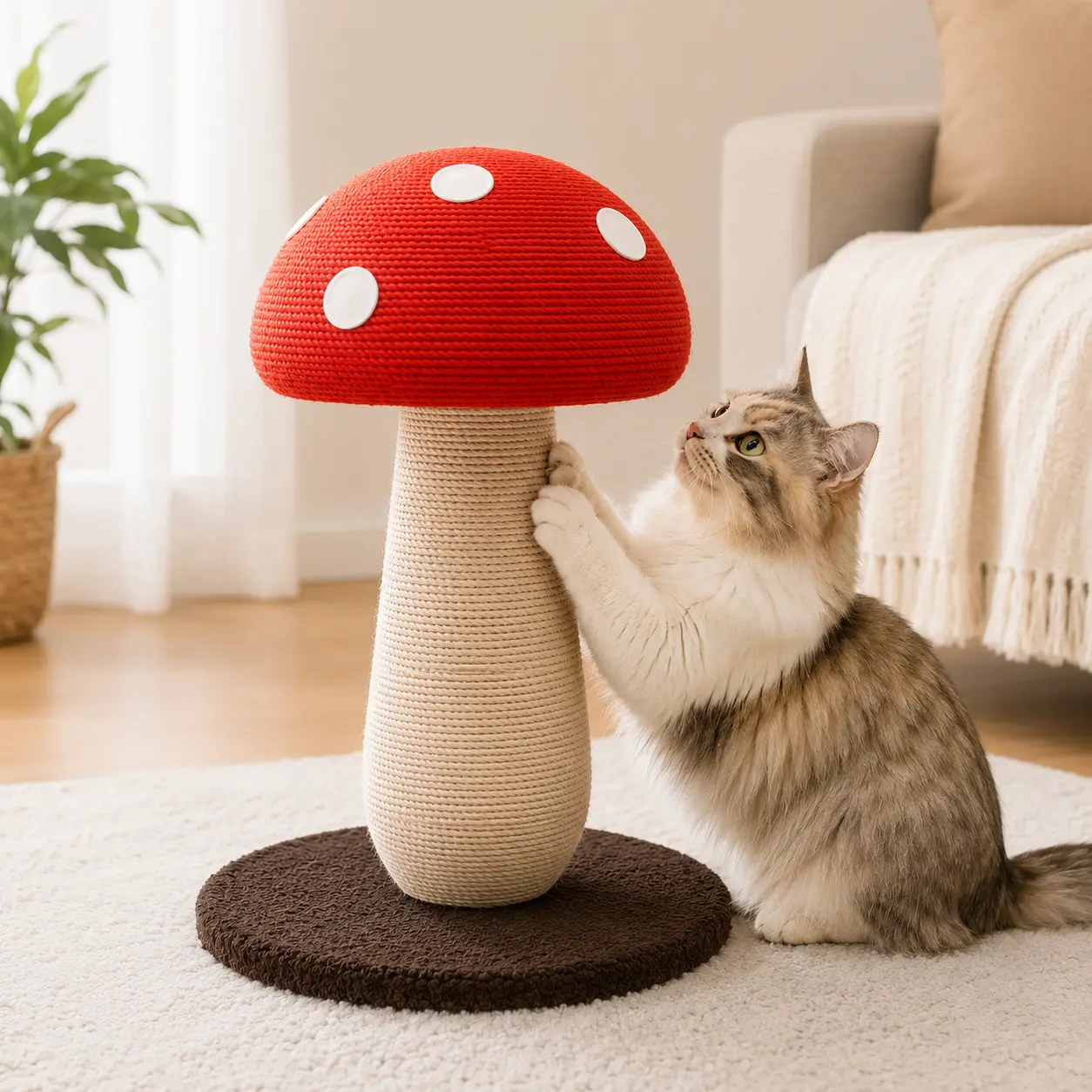 Cute 20" Mushroom Cat Scratcher for Indoor Cats, Natural Sisal Scratching Post with Stable Base, for Small & Medium Cats