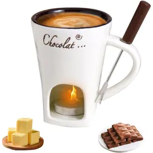 Ceramic Mini Chocolate Melting Fondue Cup Set with Forks and Candle, Great for Date Night Birthday Wedding Gifts (White)